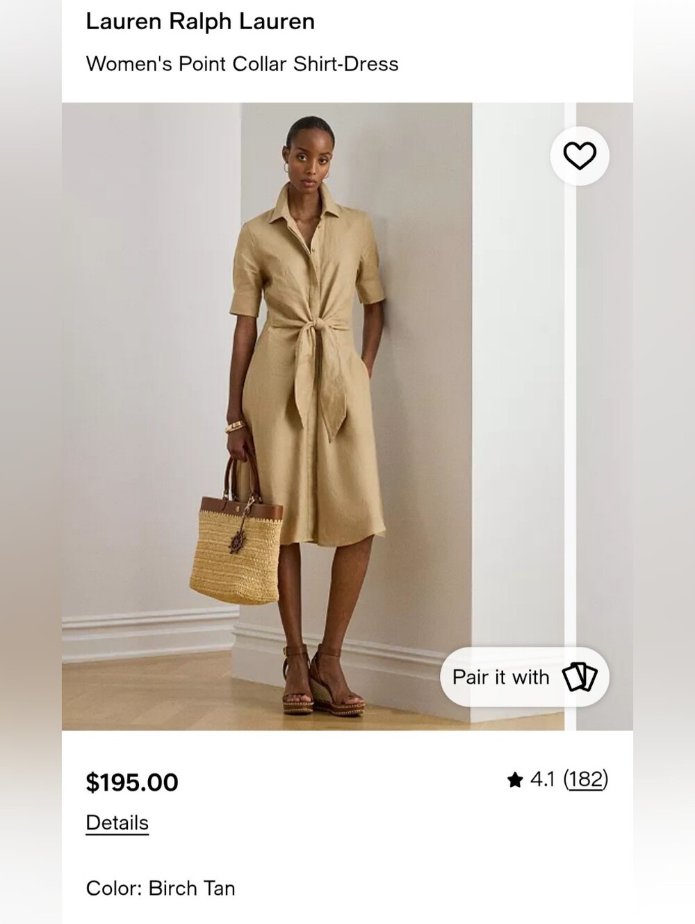 Lauren Ralph Lauren Birch Tan Midi Point-Collar Shirt Dress